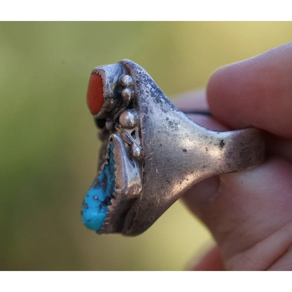 Old Pawn‎ Navajo Native American Indian Sterling Silver Coral Turqiouse Ring